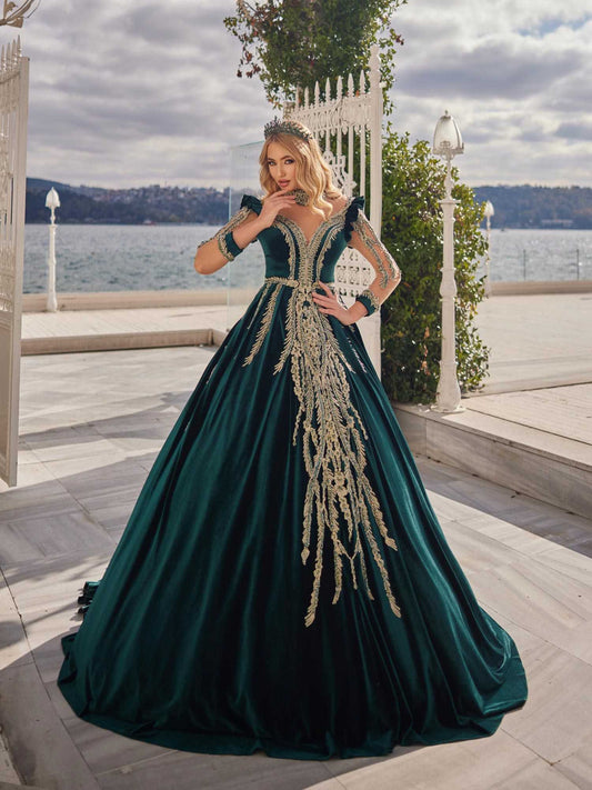 Sparkling emerald green crystals beaded ball gown long sleeves lace we –  Anna's Couture Dresses